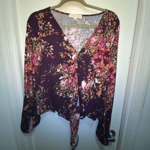 Floral Front Tie Crop Top V-Neck Blouse